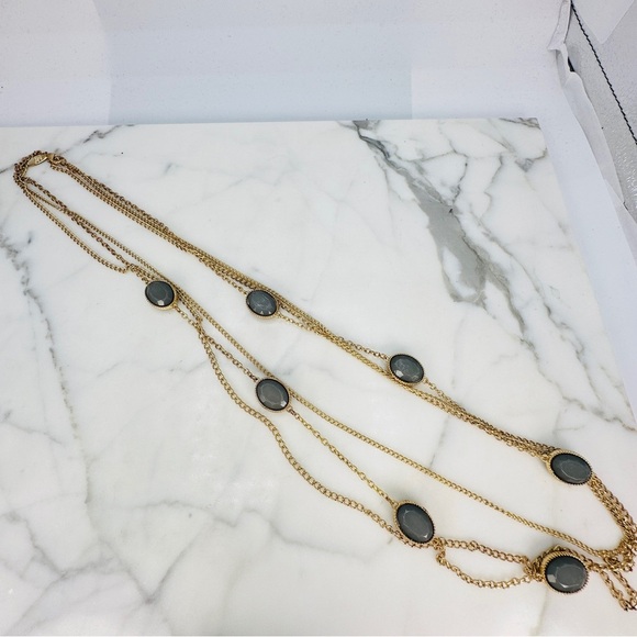 New York and Co Long Necklace Green Station Stones Multi Strand Gold Tone 35” - Picture 8 of 8